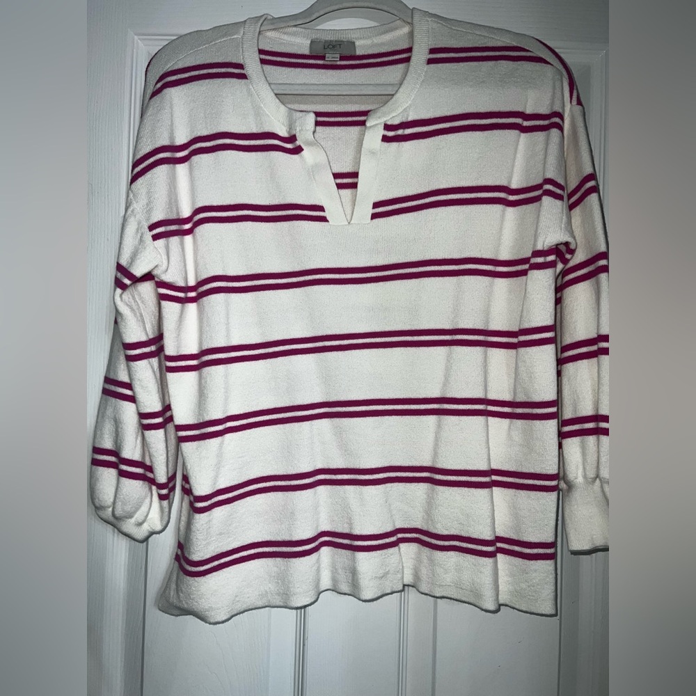 LOFT White Sweater with Fuchsia Stripes